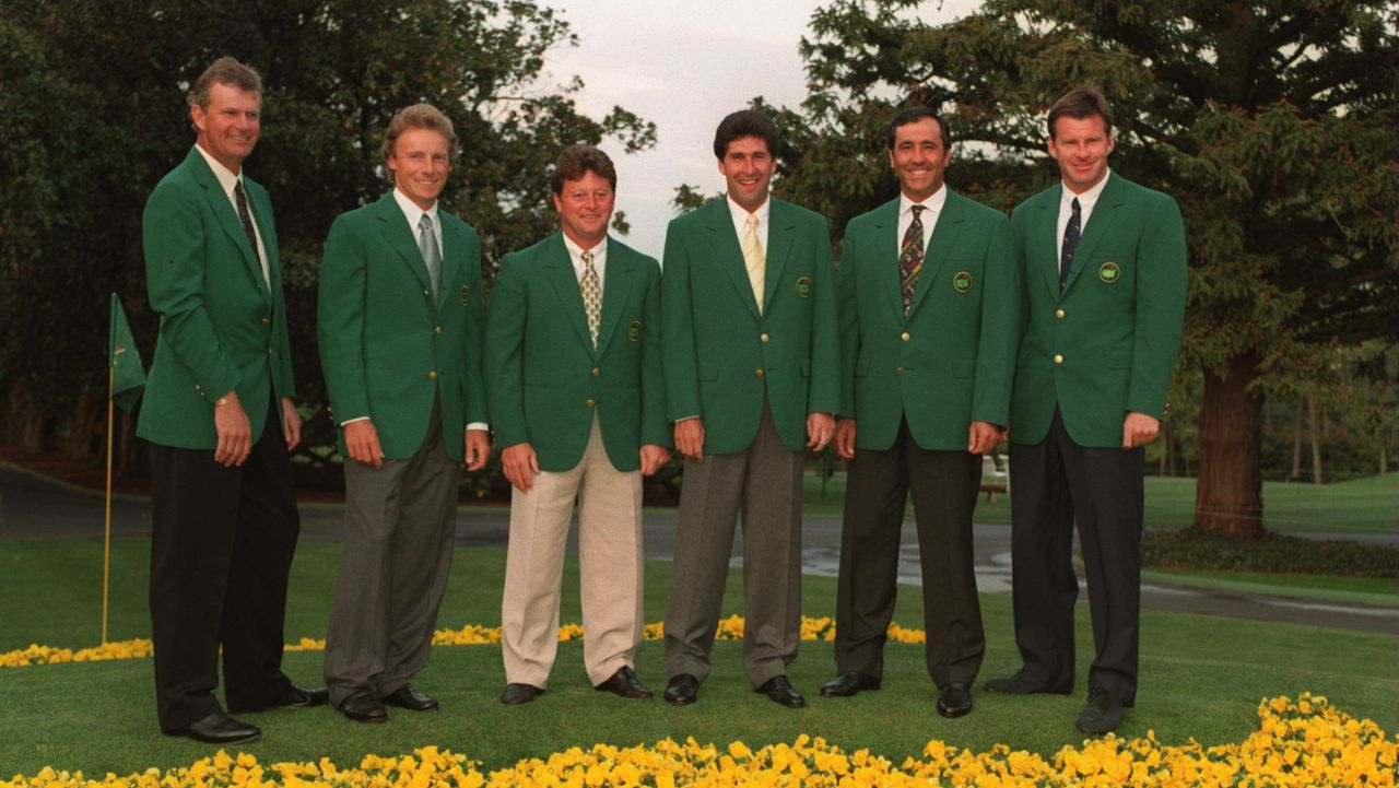 Past European Masters champions Sandy Lyle, Bernhard Langer, Ian Woosnam, Jose Maria Olazabal, Seve Ballesteros, Nick Faldo ahead of the Champions Dinner in 1995.