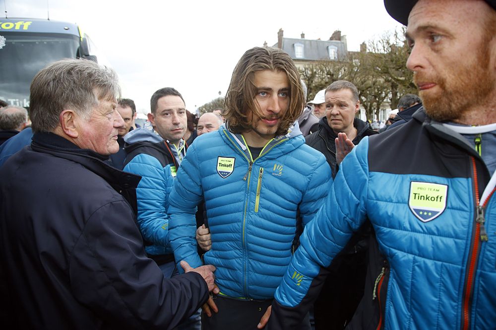 World champion Peter Sagan (Tinkoff) and his teammates set to walk on stage at the team presentation for Paris-Roubaix