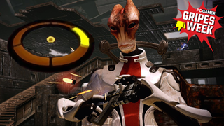 Mordin cocks his gun while staring angrily at a dialogue wheel.