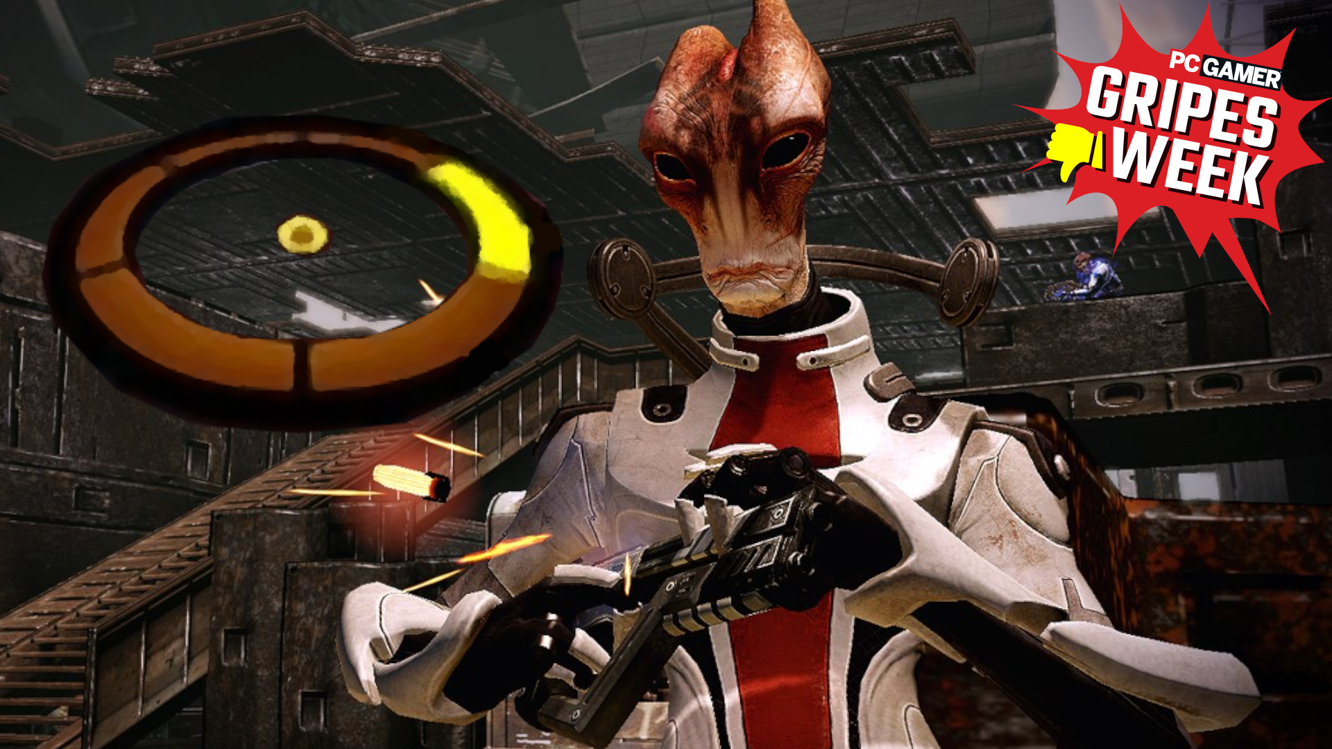 Mordin cocks his gun while staring angrily at a dialogue wheel.