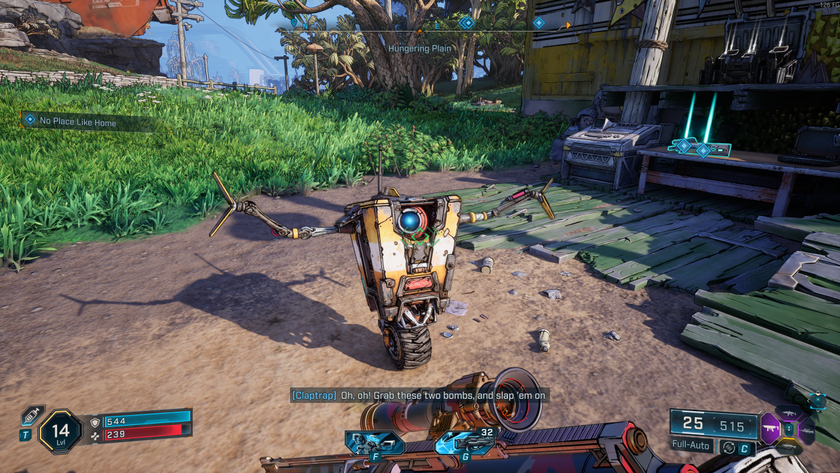 A screenshot from Borderlands 4, showing a dialogue scene with Claptrap in the Hungering Plain