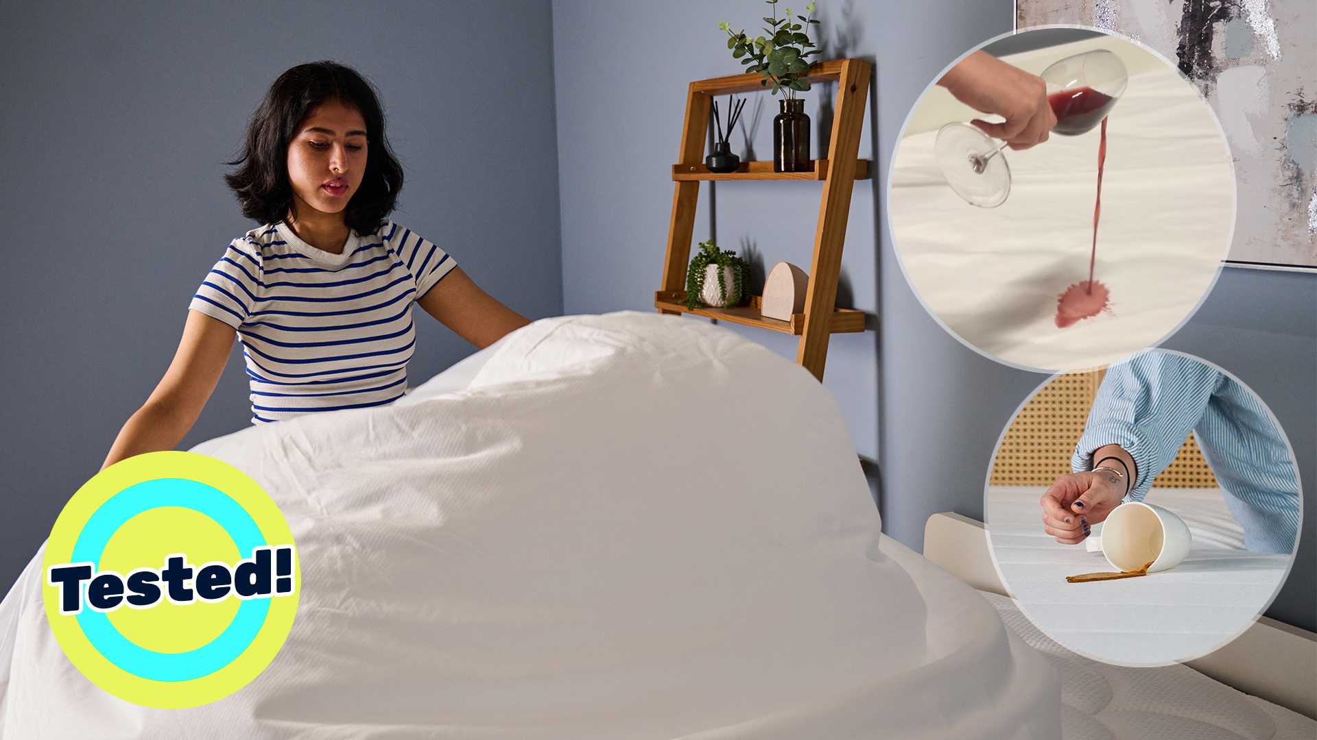 The main image shows a woman inspecting the Purple mattress Protector. Top right, an inset of a hand spilling wine on a mattress. Bottom right, an inset of a person spilling coffee on a mattress. Bottom left, a badge saying 'Tested!'
