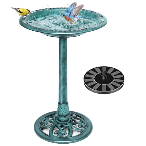 Vivohome Bird Bath With Solar Fountain for Outside, Polyresin Pedestal Bird Baths With Solar Powered Pump for Outdoor, Garden, Weather-Resistant Birdbaths With 20" Bowl, Green