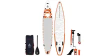 Shark Family Tandem SUP, top and underside views, plus accessories