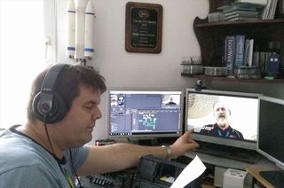 “Searching for Skylab" director Dwight Steven-Boniecki editing the documentary.