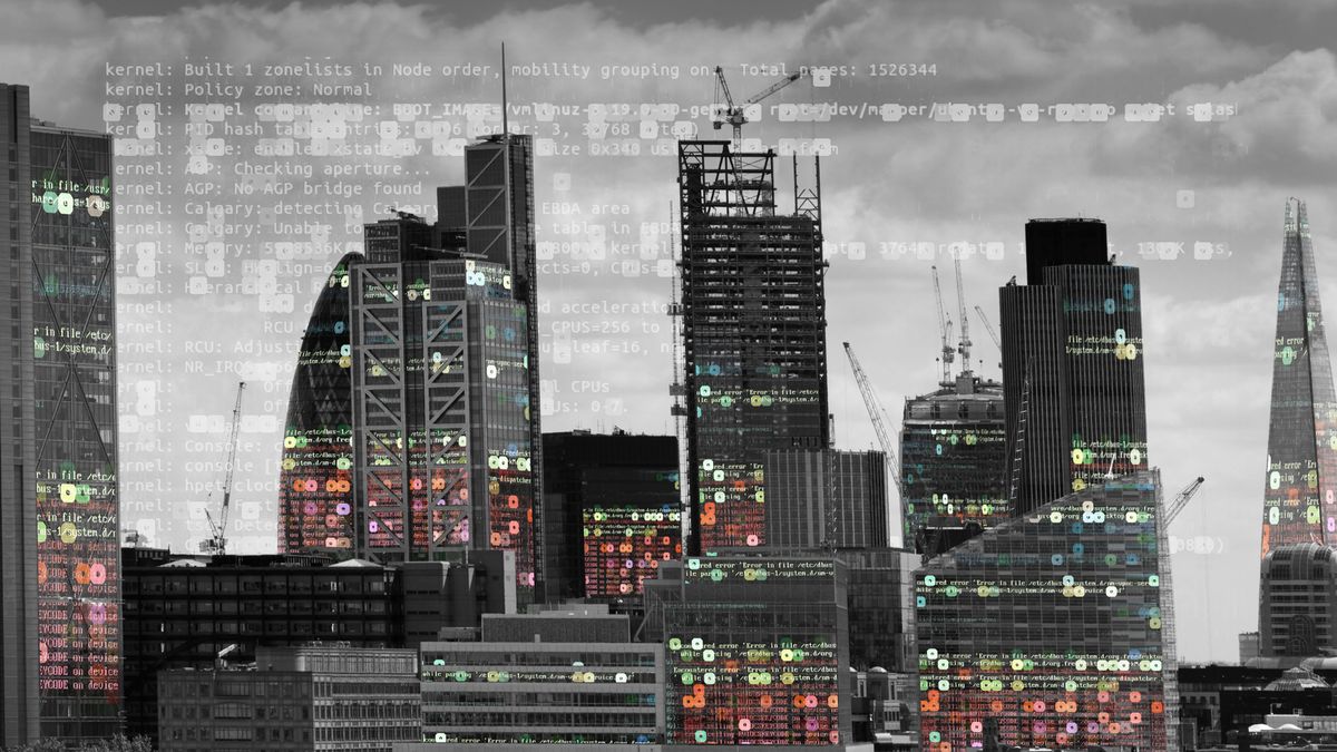 Abstract image of London&amp;#039;s skyline with glitch effects overlayed