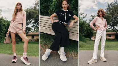 A woman modelling the new Reformation x HOKA sneaker collaboration