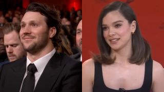 From left to right: Josh Allen sitting in a crowd, looking up and smiling at the 2024 NFL Honors and Hailee Steinfeld smiling on the Today Show.
