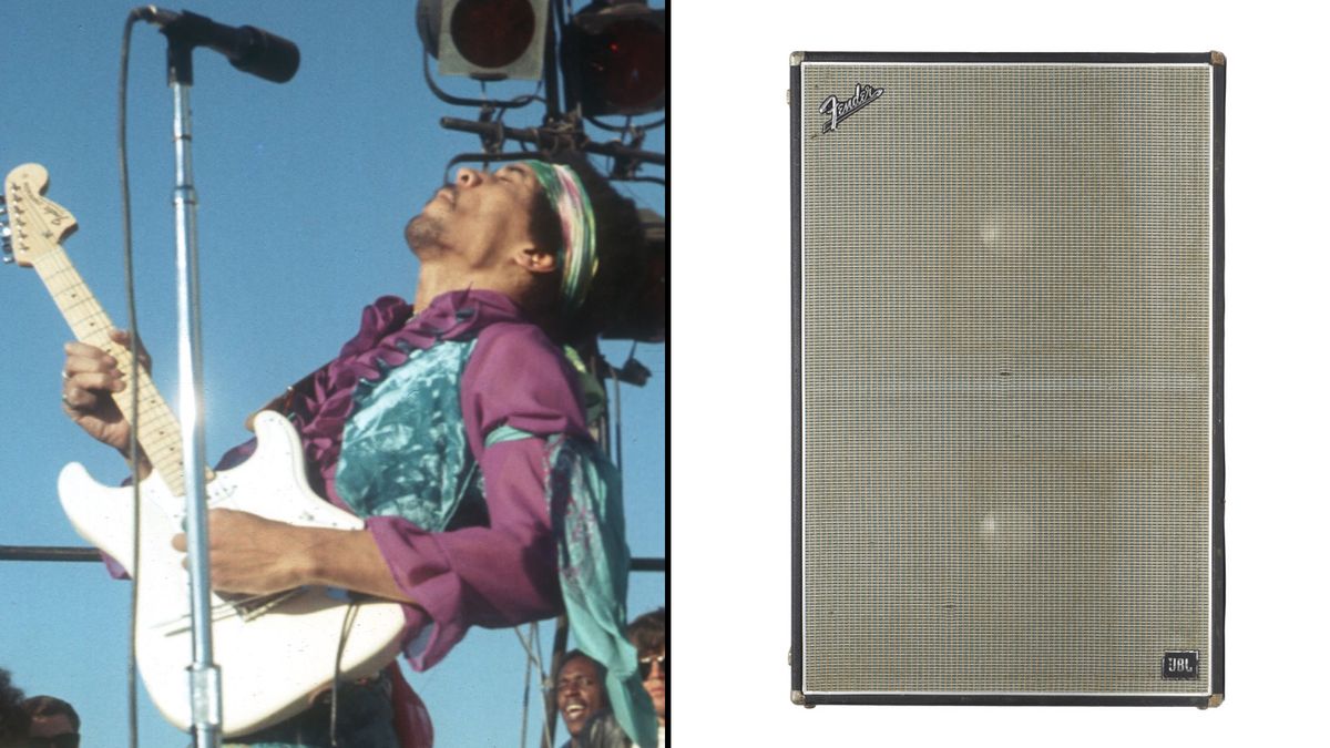 Jimi Hendrix performs onstage at the 1969 Newport Pop Festival (left), a 1968 Fender Dual Showman 2x15 speaker cabinet Hendrix used for the performance