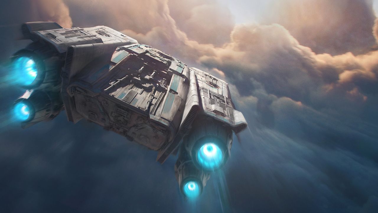 The Trailblazer ship flies towards a cloudy horizon in Star Wars Outlaws