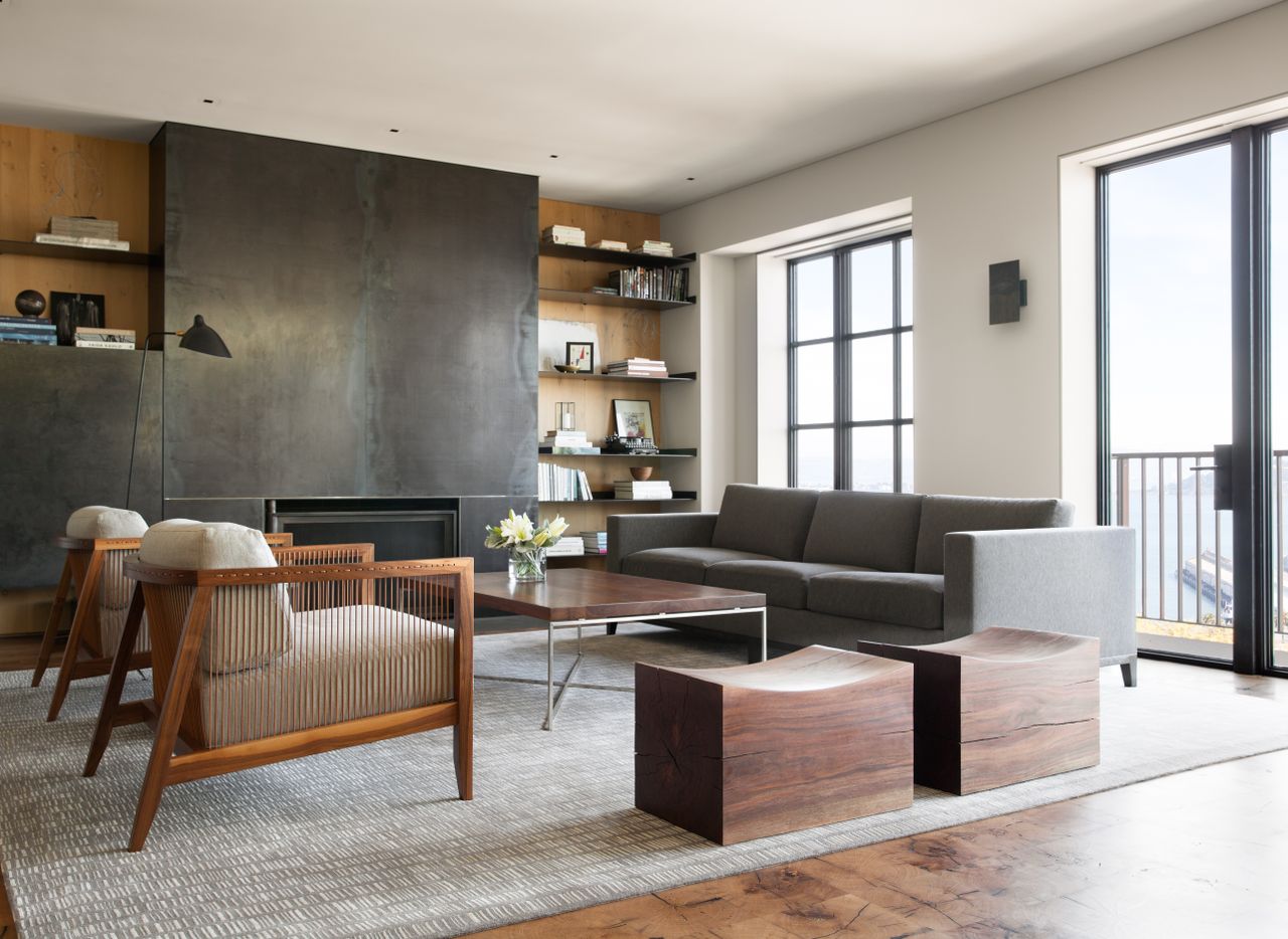 Grey living room with wooden accents