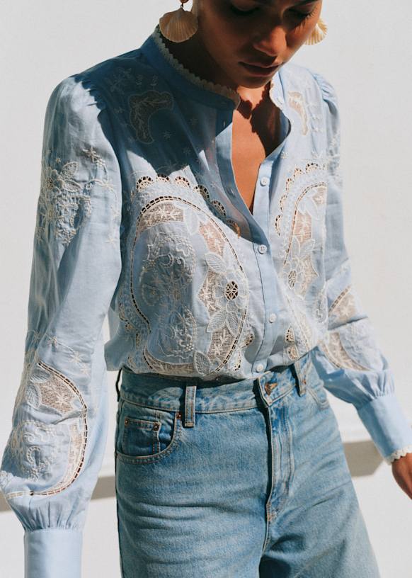 Caetana Shirt - Sky Blue With Ecru Embroidery - Organic Cotton - S&amp;eacute;zane