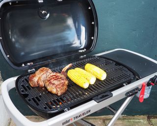Weber Traveler Portable Gas Grill being tested in writer's home