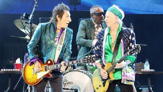 Ronnie Wood (left) and Keith Richards of the Rolling Stones perform at Thunder Ridge Nature Arena in Ridgedale, Missouri on July 21, 2024