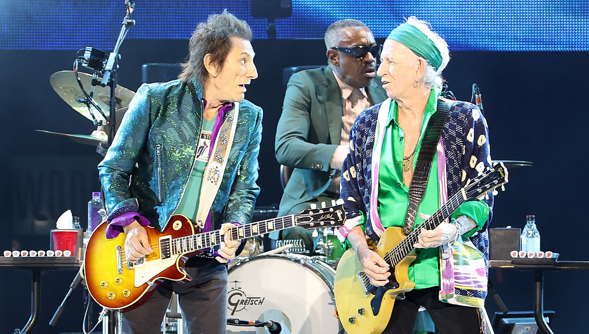 Ronnie Wood (left) and Keith Richards of the Rolling Stones perform at Thunder Ridge Nature Arena in Ridgedale, Missouri on July 21, 2024