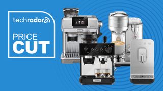 De'Longhi La Specialista Touch, Sunbeam Origins Classic, Nespresso Vertuo Creatista and Smeg BCC13 coffee machines on a blue background with "Price Cut" text in white.