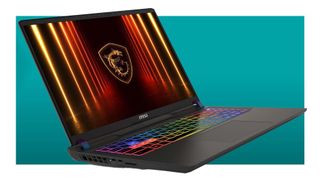 MSI Vector 16 HX AI gaming laptop on a blue background