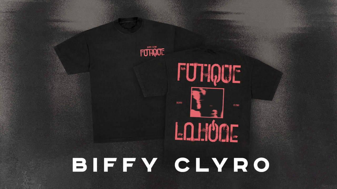 Our exclusive black Biffy t-shirt featuring Futique in orange font on the front and a big logo on the back