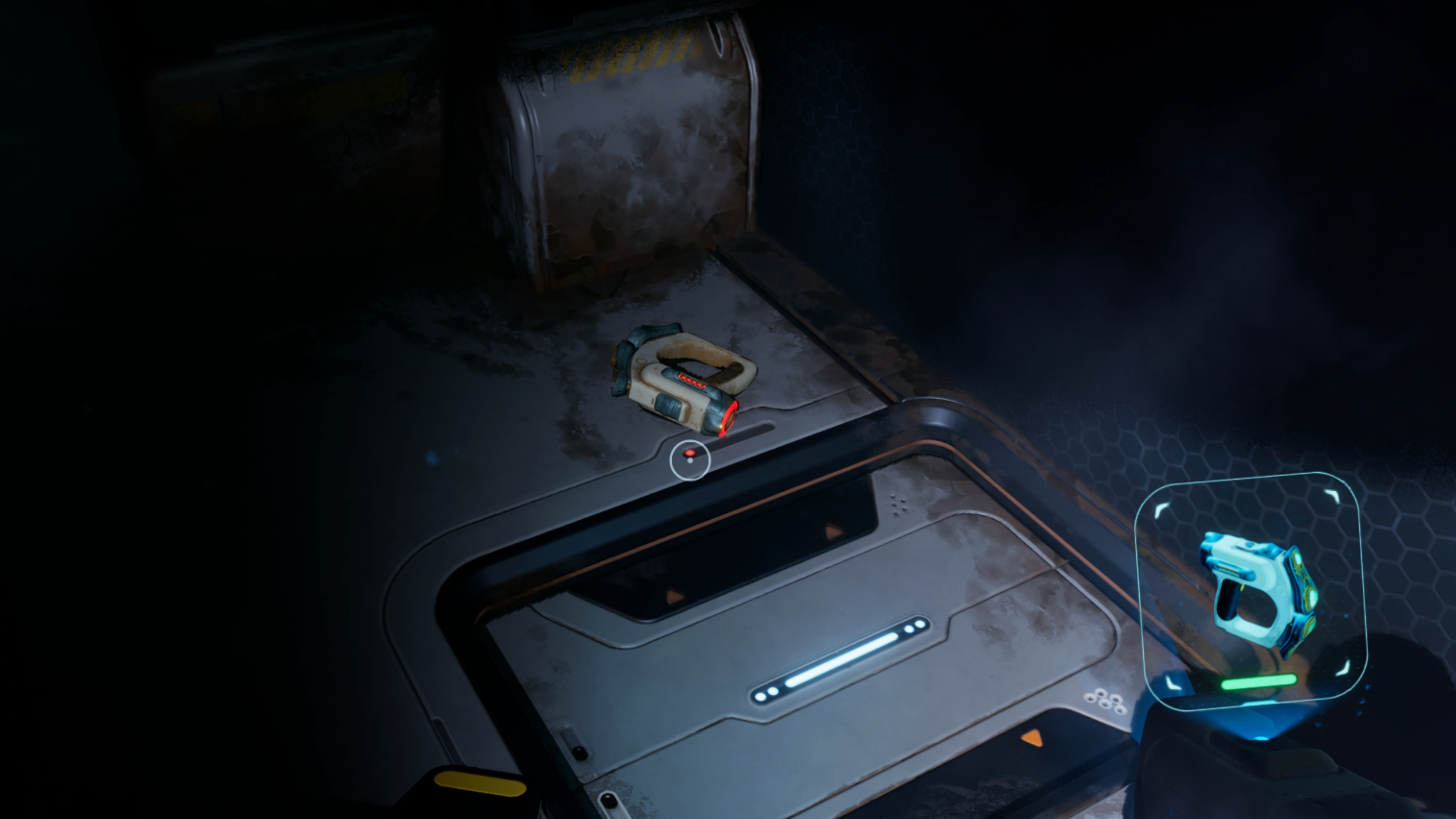 Subnautica 2 Bioscanner: The Bioscanner tool on a metal structure next to a door.