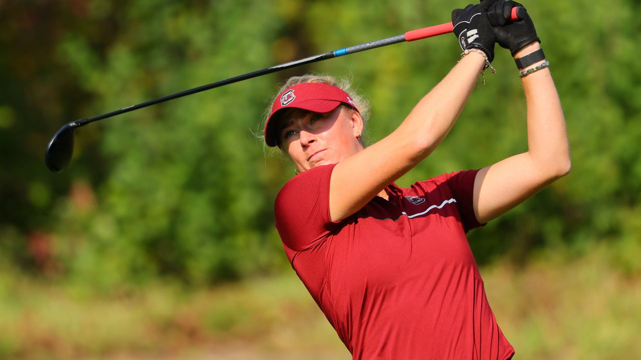 South Carolina golfer Louise Rydqvist lines up her tee shot during the final round of the 2024 ANNIKA Intercollegiate presented by 3M at Royal Golf Club on September 11, 2024 in Lake Elmo, Minnesota.Rydqvist started the final round -7.