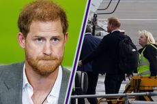 Prince Harry close up in split layout with him getting on a plane to visit Queen following her death 