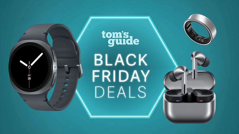 Tom&#039;s Guide Black Friday image surrounded by Samsung wearables products.