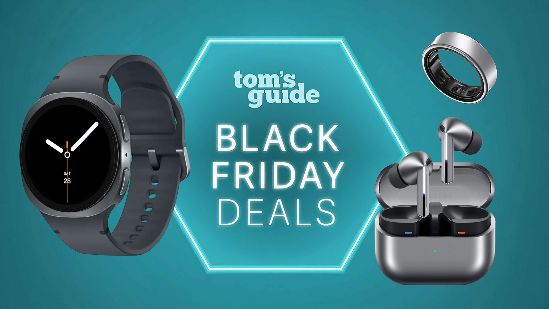 Tom's Guide Black Friday image surrounded by Samsung wearables products.