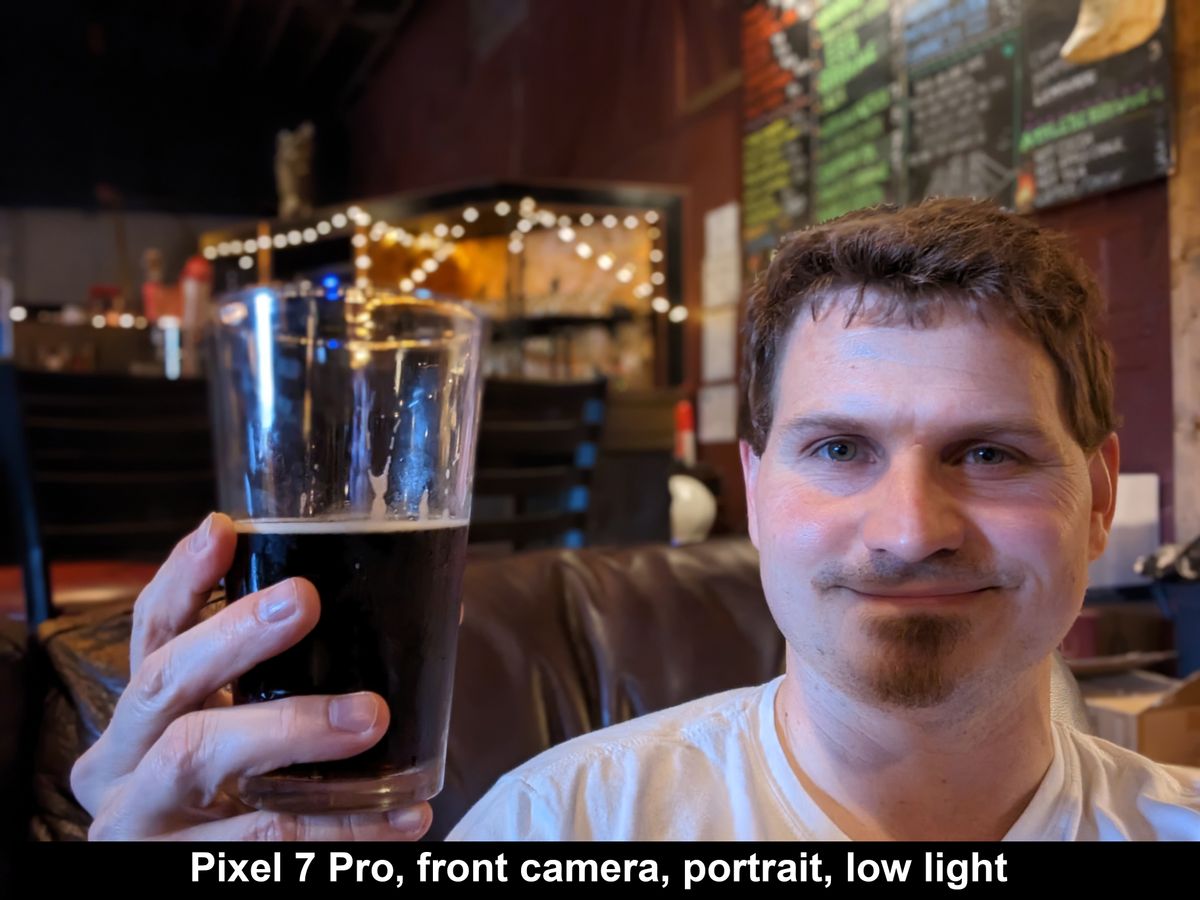 A portrait mode shot in low light using the front-facing camera from the Google Pixel 7 Pro