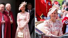 Composite of Duchess Sophie wearing a pink Zimmerman dress at the Order of the Garter ceremony; in the first picture she is also holding a Strathberry handbag