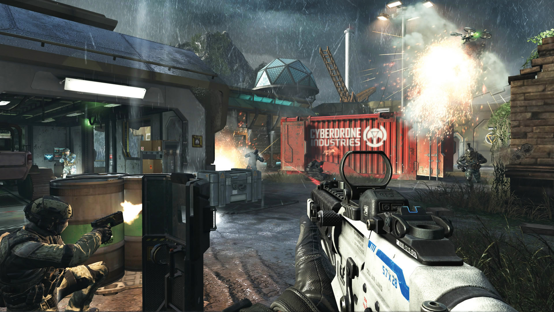 Shooting in an area filled with cargo containers at night in the rain in Call of Duty Black Ops 2, from Edge 353