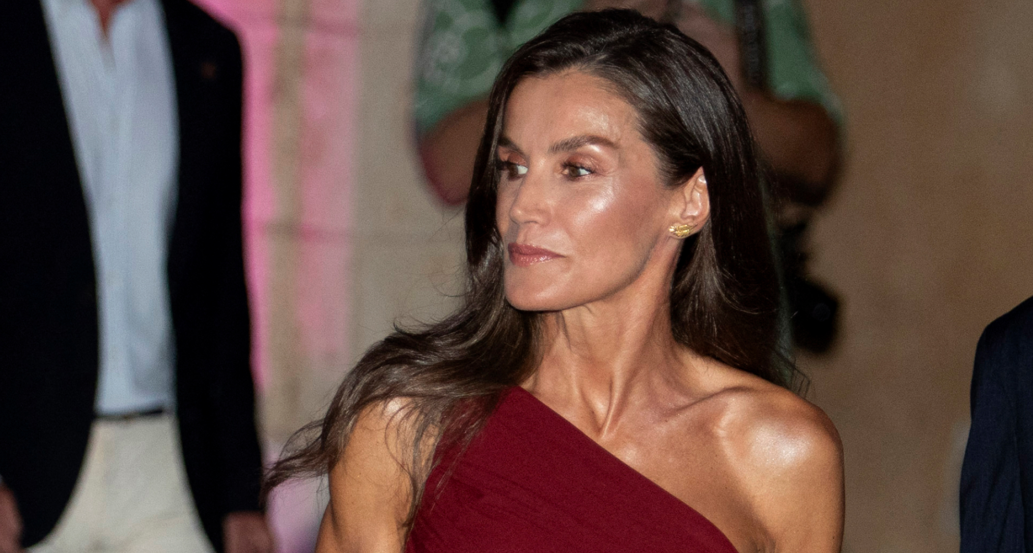 Queen Letizia wearing a one shouldered red dress