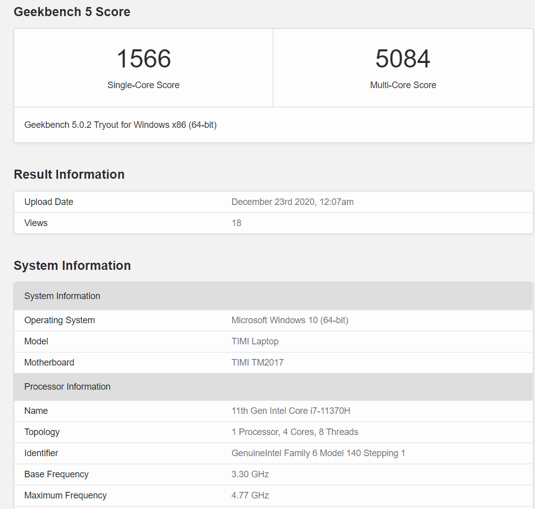 Core i7-11370H Geekbench 5 Score