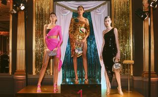 Models wear glitzy ballroom dresses in hot pink, gold and black