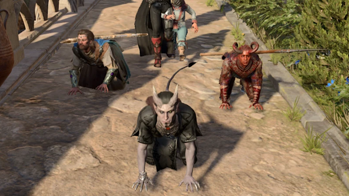 A trio of adventurers in Baldur&#039;s Gate 3 stand on all fours like a pack of wild dogs.