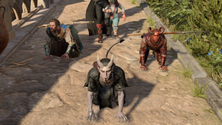 A trio of adventurers in Baldur's Gate 3 stand on all fours like a pack of wild dogs.