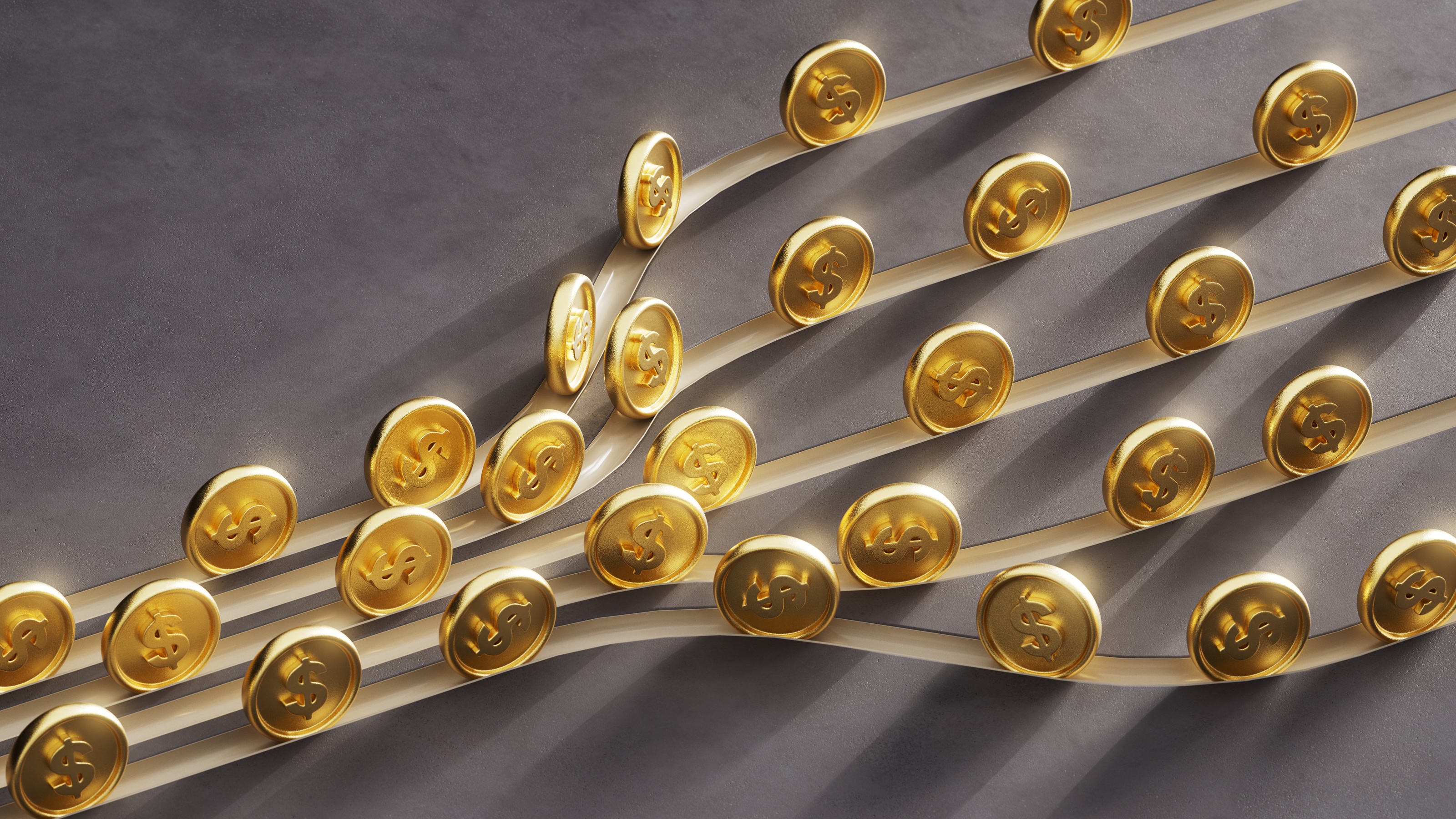 Gold dollar coins move along multiple branching tracks.