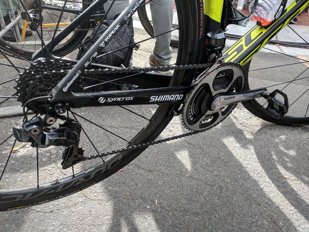 Alex Edmondson (Michelton-Scott) used a new Shimano Dura-Ace rear derailleur but an older Dura-Ace SRM chainset