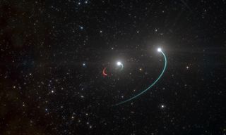 This artist's impression shows the orbits of the objects in the HR 6819 triple system. This system is made up of an inner binary with one star (orbit in blue) and a newly discovered black hole (orbit in red), as well as a third star in a wider orbit (also in blue).