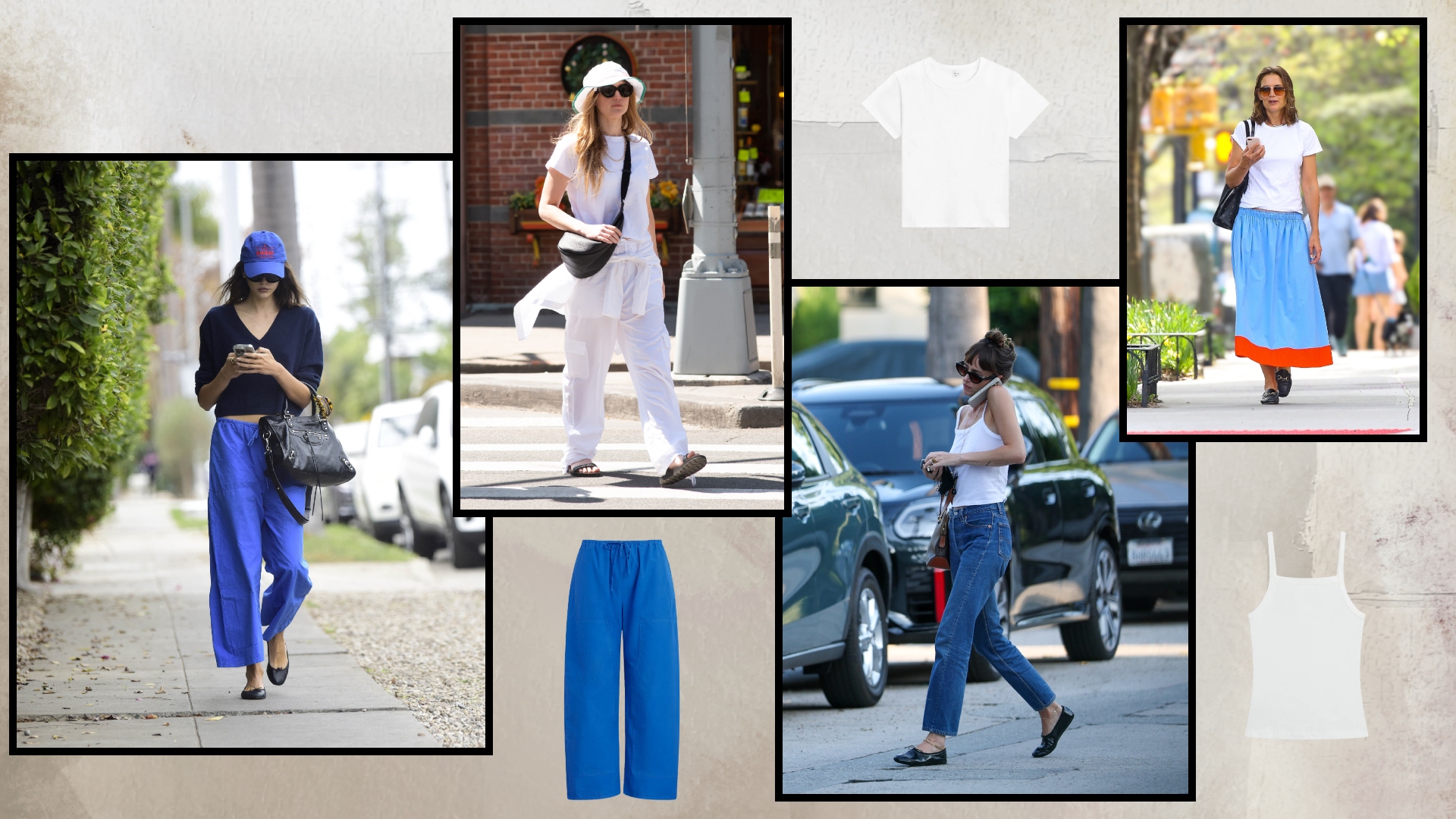 A collage showing Dakota Johnson, Jennifer Lawrence, Katie Holmes, and Kaia Gerber wearing Leset.