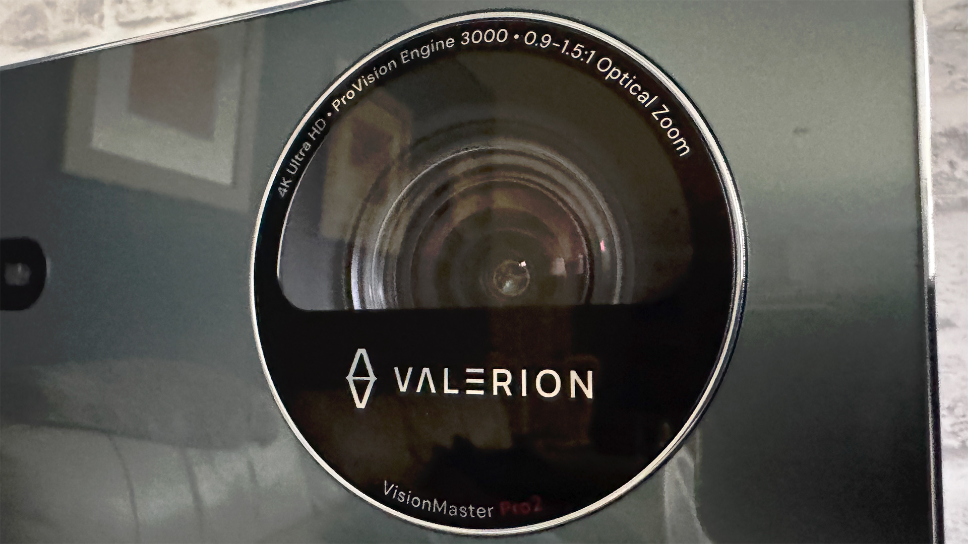 Valerion VisionMaster Pro 2 home cinema projector close up on lens