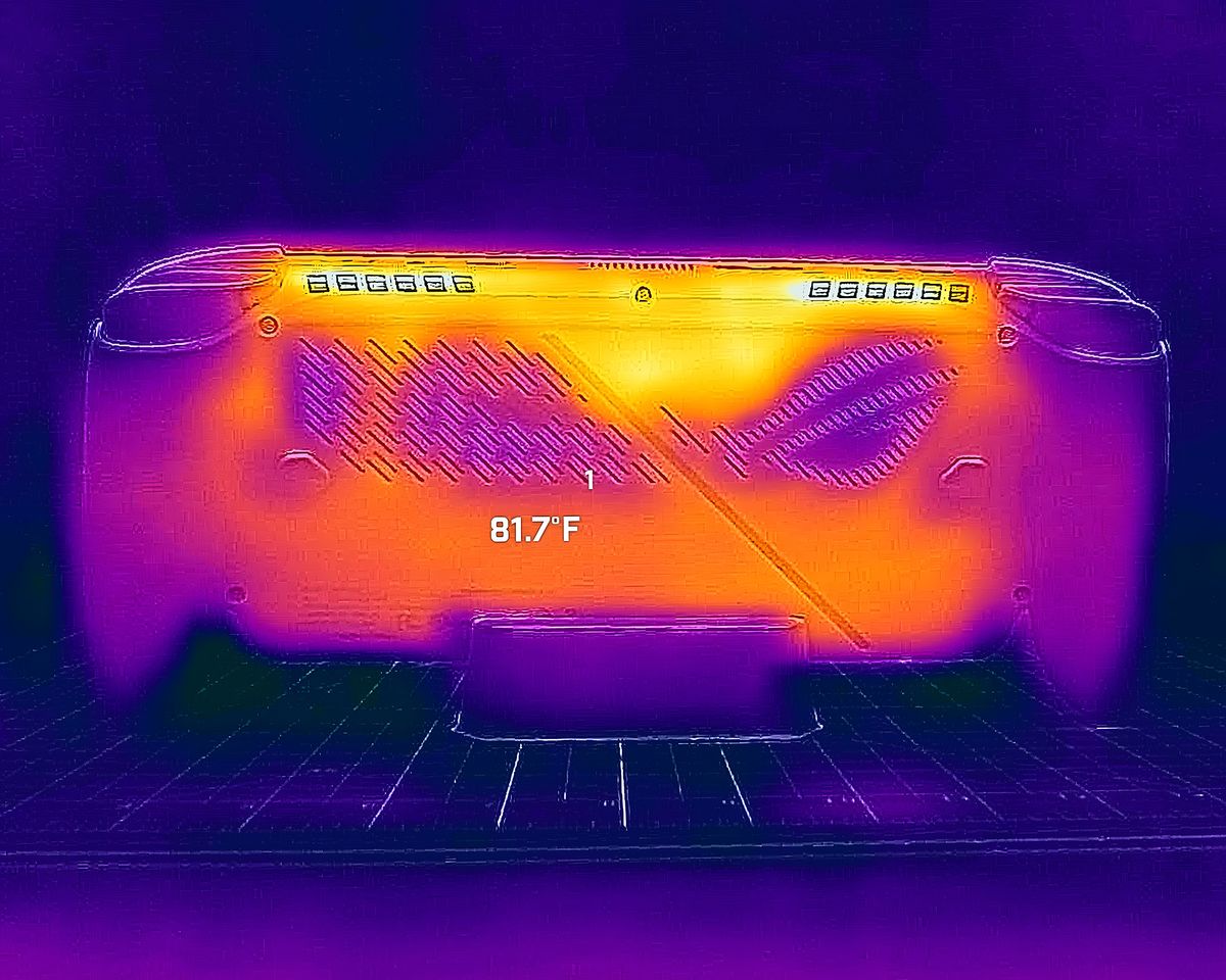 A picture taken with a thermal camera showing the back of the Xbox Ally reaches 81 degrees F.