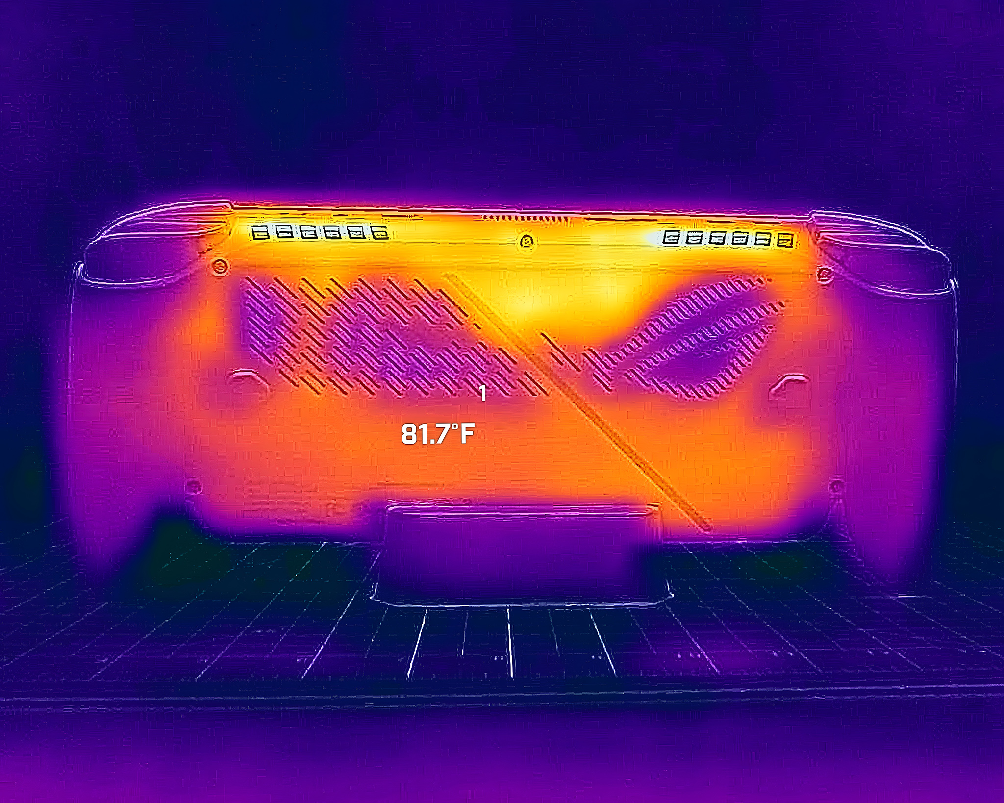 A picture taken with a thermal camera showing the back of the Xbox Ally reaches 81 degrees F.