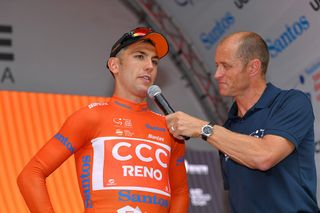 Patrick Bevin in the Tour Down Under leader's jersey