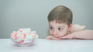 Child looking at a bowl of marshmellows on a table