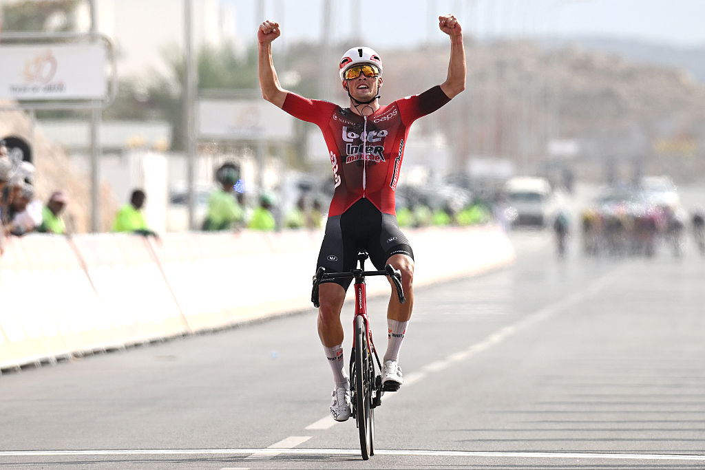 YITTI HILLS, OMAN - FEBRUARY 08: Baptiste Veistroffer of France and Team Lotto Intermarche celebrates at finish line as stage winner during the 15th Tour of Oman 2026, Stage 2 a 191.4km stage from Al Rustaq Fort to Yitti Hills on February 08, 2026 in Al Yitti Hills, Oman. (Photo by Dario Belingheri/Getty Images)