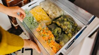 Organized vegetables in freezer drawer