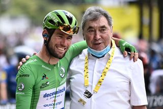 Team Deceuninck Quicksteps Mark Cavendish of Great Britain wearing the best sprinters green jersey L poses for a photograph with Belgian cycling legend Eddy Merckx prior to the 19th stage of the 108th edition of the Tour de France cycling race 207 km between Mourenx and Libourne on July 16 2021 Photo by AnneChristine POUJOULAT AFP The erroneous mentions appearing in the metadata of this photo by AnneChristine POUJOULAT has been modified in AFP systems in the following manner prior to the 19th stage of the 108th edition of the Tour de France cycling race 207 km between Mourenx and Libourne on July 16 2021 instead of prior to the 18th stage of the 108th edition of the Tour de France cycling race 129 km between Pau and Luz Ardiden on July 15 2021 Please immediately remove the erroneous mentions from all your online services and delete it them from your servers If you have been authorized by AFP to distribute it them to third parties please ensure that the same actions are carried out by them Failure to promptly comply with these instructions will entail liability on your part for any continued or post notification usage Therefore we thank you very much for all your attention and prompt action We are sorry for the inconvenience this notification may cause and remain at your disposal for any further information you may require Photo by ANNECHRISTINE POUJOULATAFP via Getty Images