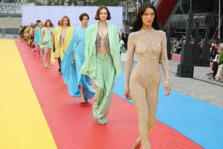 Bella Hadid "free the nipple" dress Paris Fashion Week 2022.