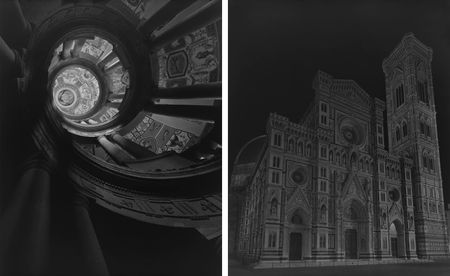 View of two side-by-side black and white photos. The first photo is of a staircase at Villa Farnese II, Caprarola, 2016. And the second photo is of Duomo, Florence, 2016