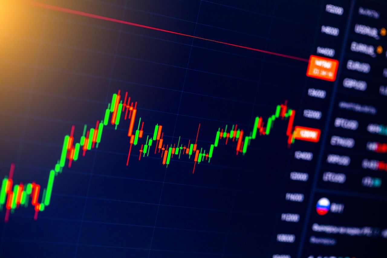 closeup of black stock market chart with red and green bars